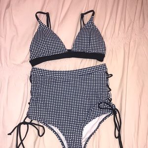 Navy and White Checkered High Waisted Swimsuit